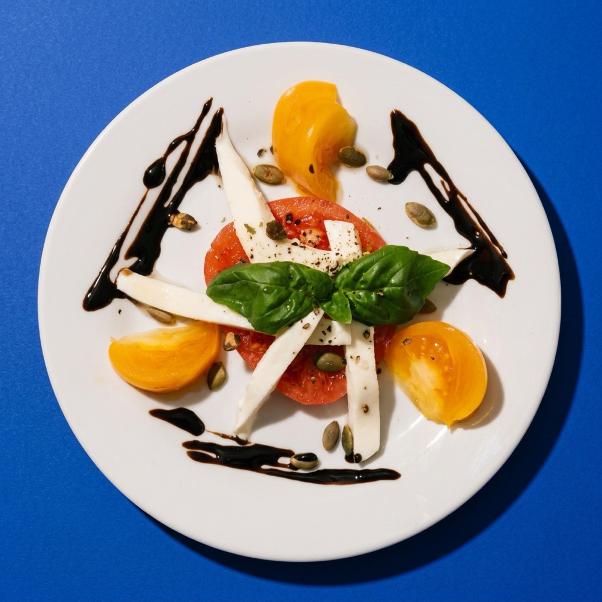 Caprese with heirloom tomato, basil, and balsamic