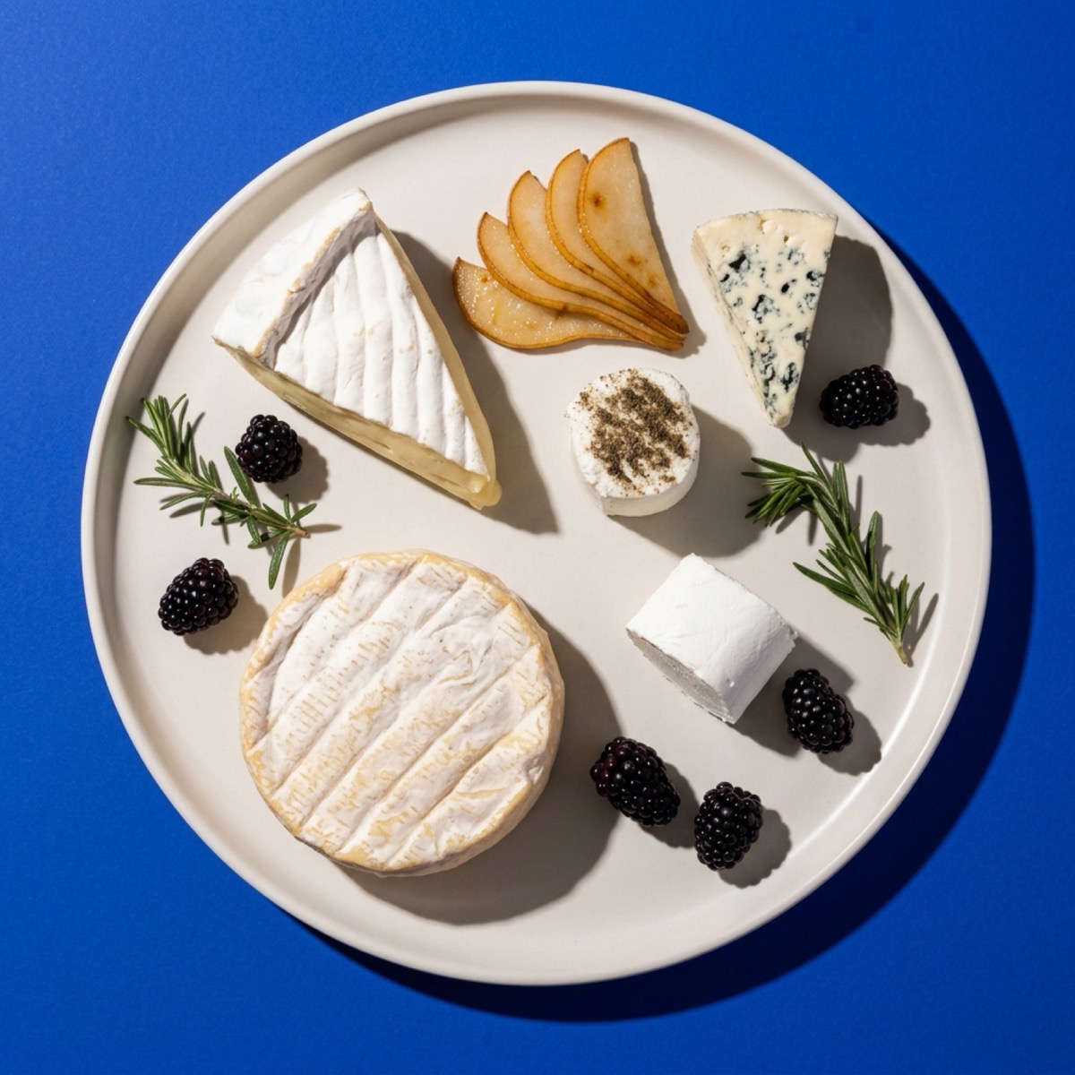 Cheese composition with brie, blue, pear, and rosemary